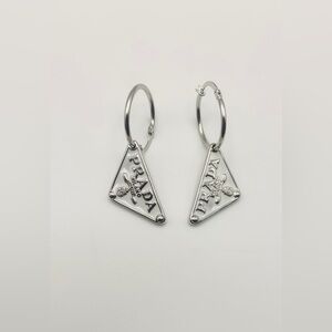 Classic Prada Silver Earrings w/ White Triangle Logo Motif